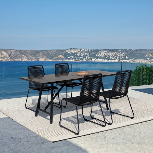 Armen Living Koala and Shasta 5 Piece Dining Set in Dark Eucalyptus and Metal with Black Rope - 840254332362