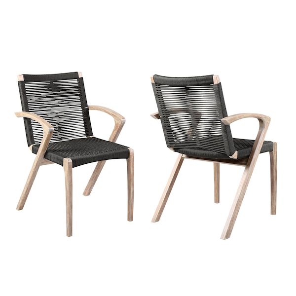Armen Living Nabila Outdoor Light Eucalyptus Wood and Charcoal Rope Dining Chairs - Set of 2 - 840254333413