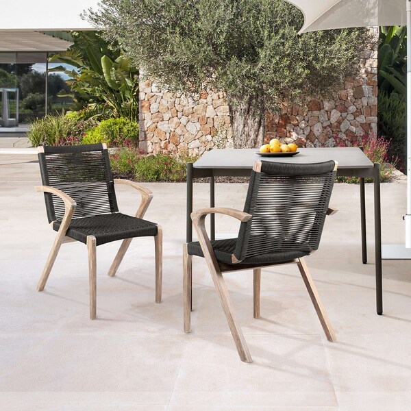 Armen Living Nabila Outdoor Light Eucalyptus Wood and Charcoal Rope Dining Chairs - Set of 2 - 840254333413