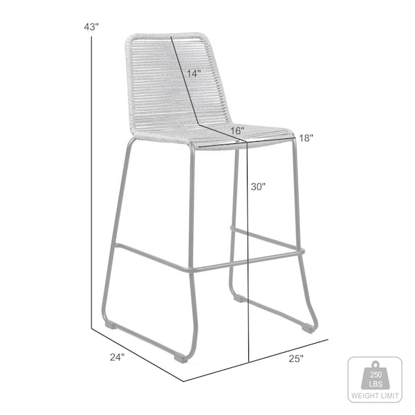 Armen Living Shasta 30" Outdoor Metal and Gray Rope Stackable Barstool - Set of 2 - LCSTBABLGRY30