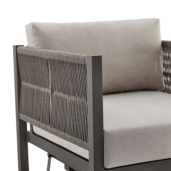 Armen Living Cuffay Outdoor Patio Swivel Glider Lounge Chair in Dark Brown Aluminum with Cushions - 840254332461
