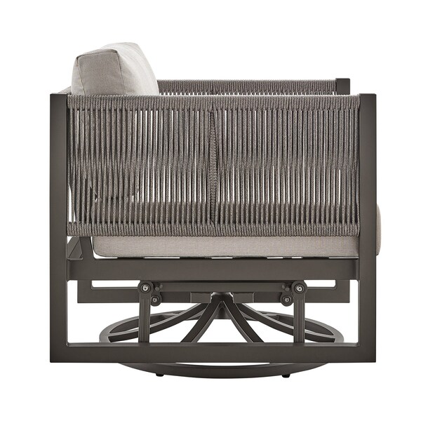 Armen Living Cuffay Outdoor Patio Swivel Glider Lounge Chair in Dark Brown Aluminum with Cushions - 840254332461