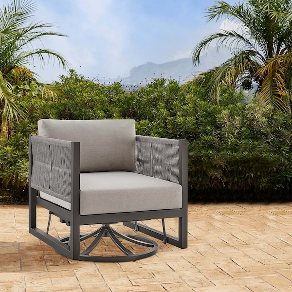 Armen Living Cuffay Outdoor Patio Swivel Glider Lounge Chair in Dark Brown Aluminum with Cushions - 840254332461
