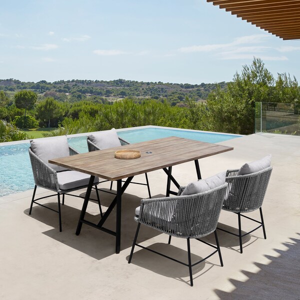 Armen Living Koala and Calica 5 Piece Dining Set in Light Eucalyptus and Metal with Gray Rope - 840254332348