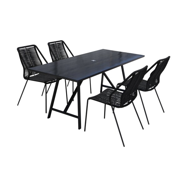 Armen Living Koala and Clip 5 Piece Dining Set in Dark Eucalyptus Wood and Metal with Black Rope - 840254332324