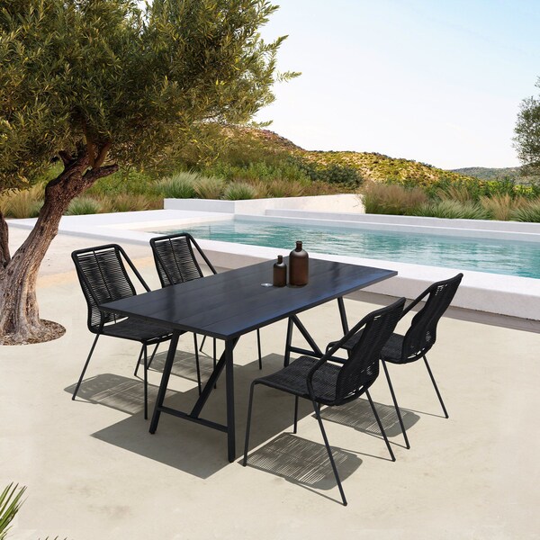 Armen Living Koala and Clip 5 Piece Dining Set in Dark Eucalyptus Wood and Metal with Black Rope - 840254332324