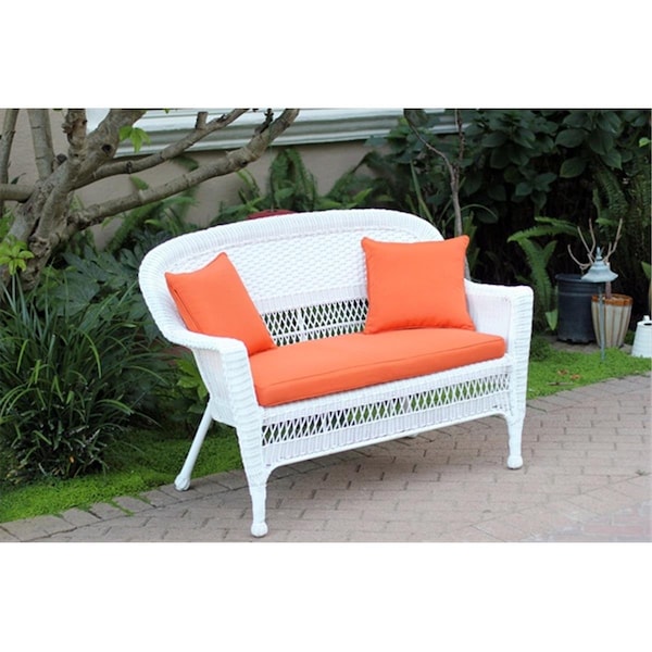 Jeco White Wicker Patio Love Seat With Orange Cushion And Pillows - W00206-L-FS016-CL