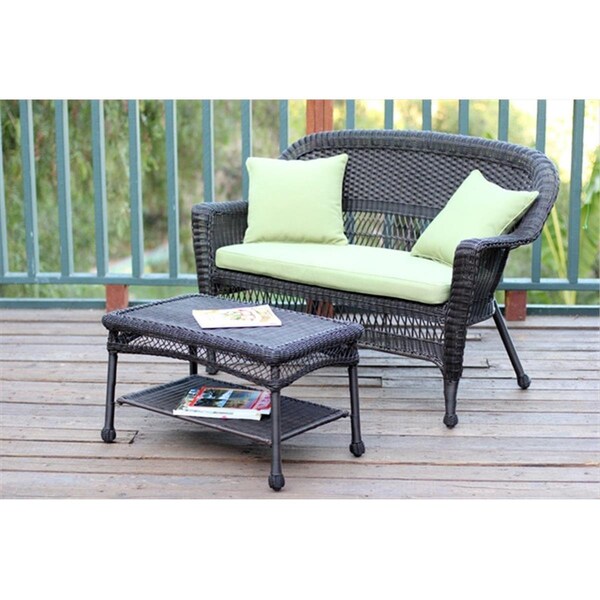 Jeco Espresso Wicker Patio Love Seat And Coffee Table Set With Green Cushion - W00201-LCS029