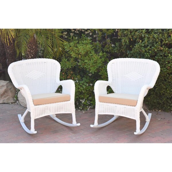 Jeco W00213-R-2-FS006 Windsor White Resin Wicker Rocker Chair with Tan Cushion, 2PK - W00213-R_2-FS006