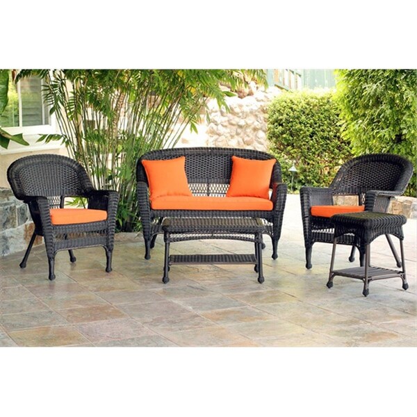 Jeco 5 Piece Espresso Wicker Conversation Set - Orange Cushions - W00201-G-OT-FS016