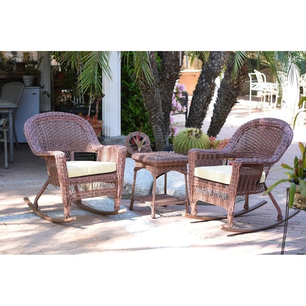 Propation W00205R-C-2-RCES001 Honey Rocker Wicker Chair Set with Ivory Cushion - 3 Piece - PR2439017