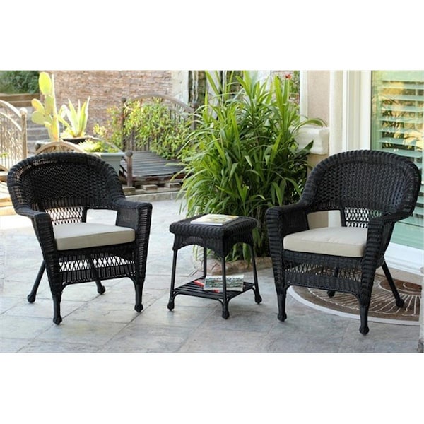 Propation 3 Piece Black Wicker Chair And End Table Set With Tan Cushion - PR1081224