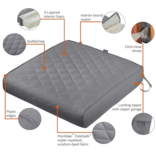 Classic Accessories Montlake Quilted Patio Cushion, Grey, 25"x27"x5" - 62-021-GREY-EC