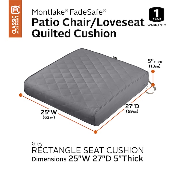 Classic Accessories Montlake Quilted Patio Cushion, Grey, 25"x27"x5" - 62-021-GREY-EC