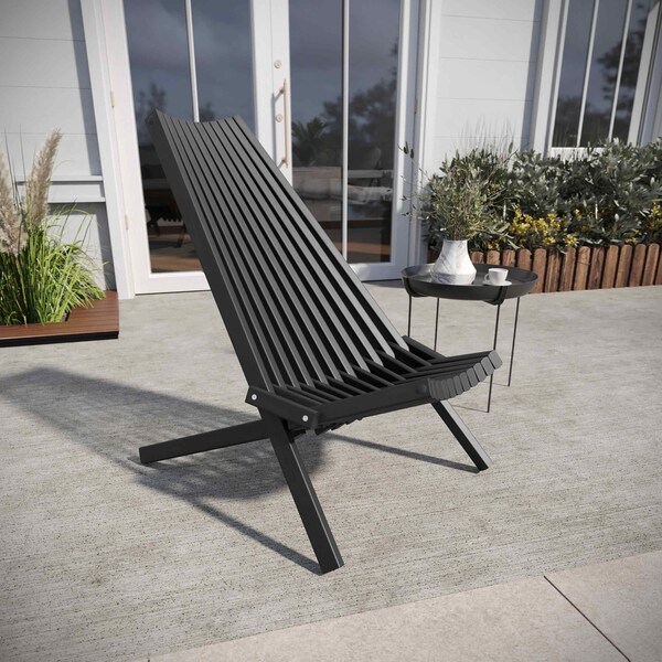 Flash Furniture Delia Indoor/Outdoor Folding Acacia Wood Chair, Low Profile Lounge for Patio, Porch, Garden, Black - LTS-0441-BK-GG