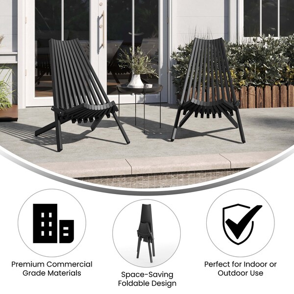 Flash Furniture Delia Indoor/Outdoor Folding Acacia Wood Chair, Low Profile Lounge for Patio, Porch, Garden, Black - LTS-0441-BK-GG