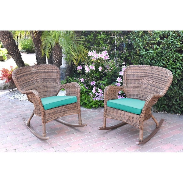 Jeco W00212-R-2-FS032 Windsor Honey Resin Wicker Rocker Chair with Turquoise Cushions, 2PK - W00212-R_2-FS032
