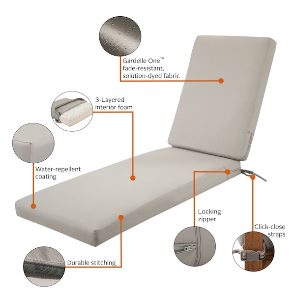 Classic Accessories Ravenna Water-Resistant 72x21x3" Patio Chaise Lounge Cushion, Mushroom - 62-001-MUSHRM-EC