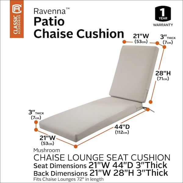 Classic Accessories Ravenna Water-Resistant 72x21x3" Patio Chaise Lounge Cushion, Mushroom - 62-001-MUSHRM-EC