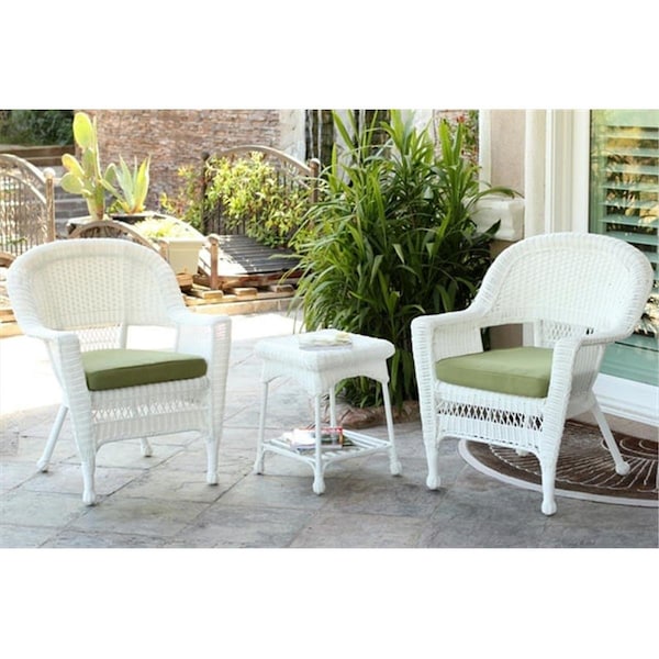 Propation 3 Piece White Wicker Chair And End Table Set With Green Chair Cushion - PR749918