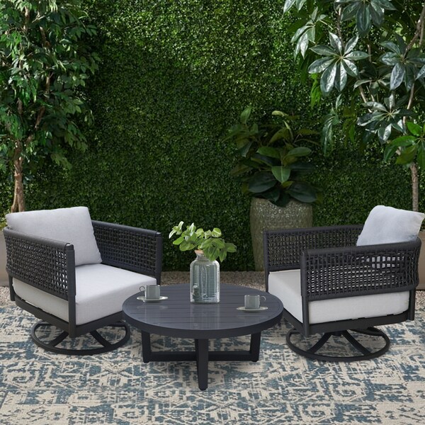 International Concepts Outdoor 3 Piece Patio Furniture Set Including a Coffee Table and 2 Swivel Rocking Chairs - KODOT-12RC-201SW-2