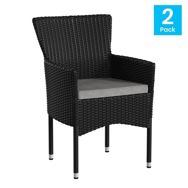 Flash Furniture Black Wicker Patio Chairs & Cream Cushions, PK 2 - 2-TW-3WBE074-BK-GG