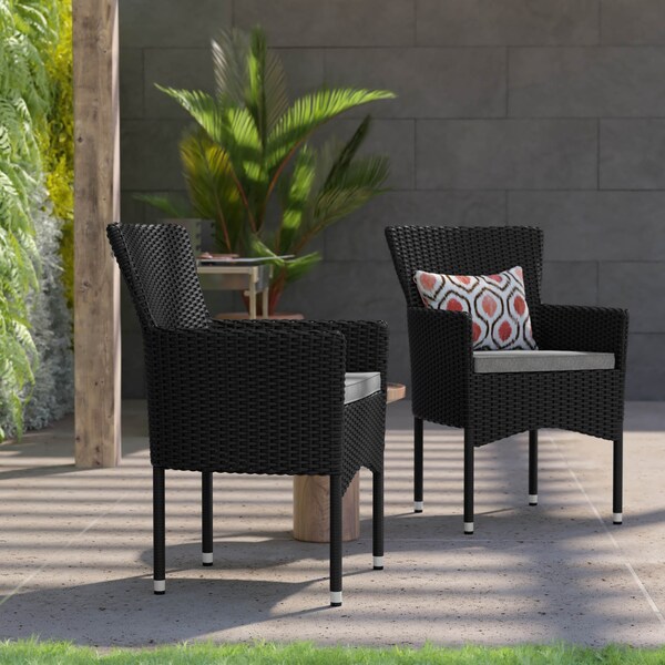 Flash Furniture Black Wicker Patio Chairs & Cream Cushions, PK 2 - 2-TW-3WBE074-BK-GG