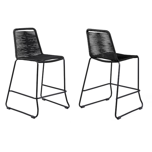 Armen Living Shasta 26" Outdoor Metal and Black Rope Stackable Counter Stool - Set of 2 - LCSTBABLBLK26