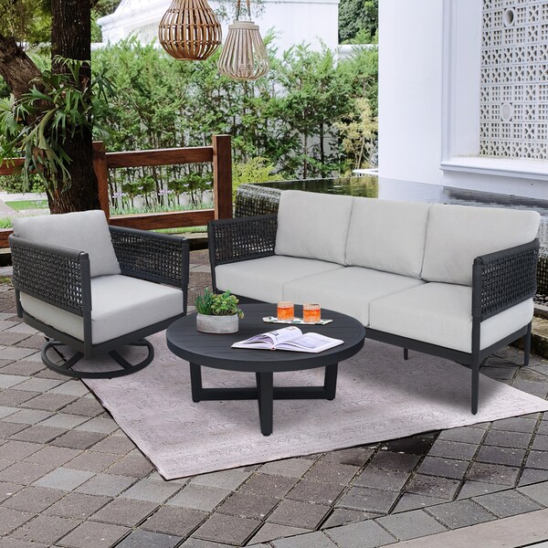 International Concepts Outdoor 3 Piece Patio Furniture Set Including the Sofa, Coffee Table, and Swivel Rocking Chair - KODOT-12RC-201SW-203
