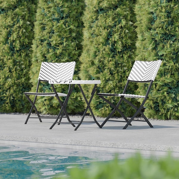 Flash Furniture 3PC Black/White PE Rattan Folding Bistro Set - FV-FWA085-BLK-WHT-GG