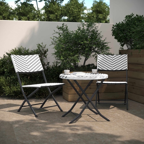 Flash Furniture 3PC Black/White PE Rattan Folding Bistro Set - FV-FWA085-BLK-WHT-GG