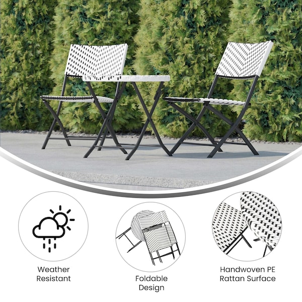 Flash Furniture 3PC Black/White PE Rattan Folding Bistro Set - FV-FWA085-BLK-WHT-GG