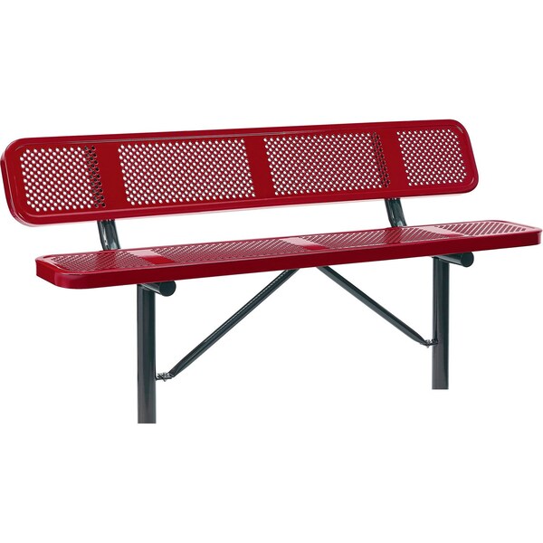 Global Industrial 6ft Outdoor Steel Bench w/ Backrest, Perforated Metal, In Ground Mount, Red - 694557IRD
