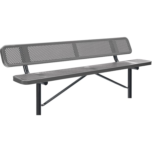 Global Industrial 8ft Outdoor Steel Bench w/ Backrest, Perforated Metal, In Ground Mount, Gray - 262077IGY