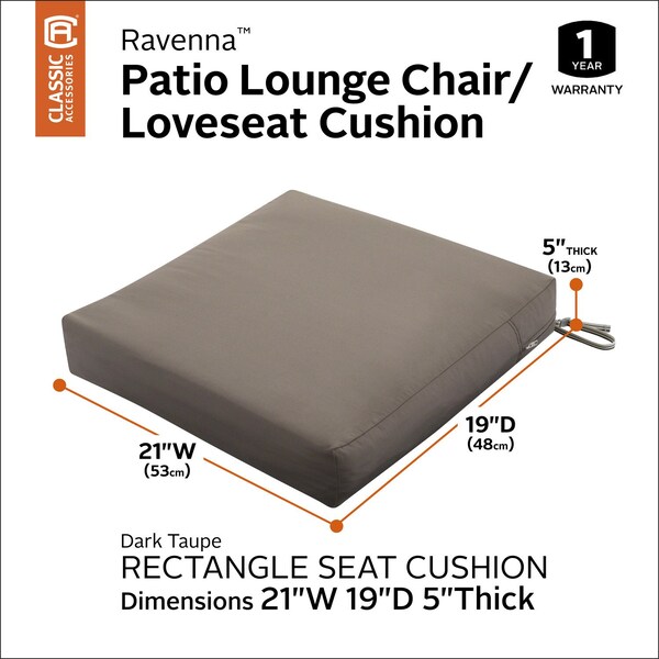 Classic Accessories Ravenna Seat Cushion, Dark Taupe, 21"x19"x5" - 62-017-TAUPE-EC