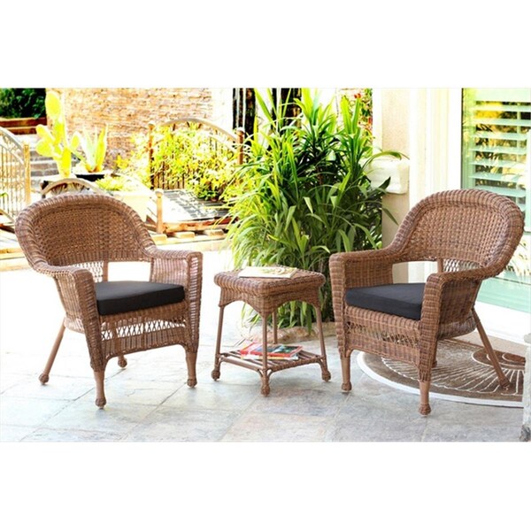Jeco 3 Piece Honey Wicker Chair And End Table Set With Black Chair Cushion - W00205_2-CES017