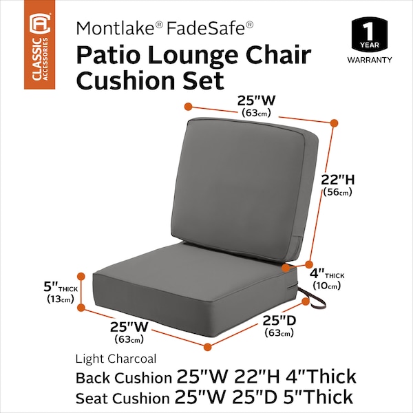 Classic Accessories Montlake Light Charcoal Cushion Set, 25"x25"x5" - 62-020-LCHARC-SET