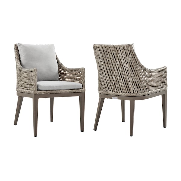 Armen Living Silvana Outdoor Wicker and Aluminum Gray Dining Chair with Beige Cushions - Set of 2 - 840254332911