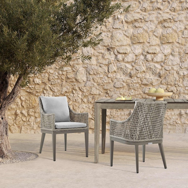 Armen Living Silvana Outdoor Wicker and Aluminum Gray Dining Chair with Beige Cushions - Set of 2 - 840254332911