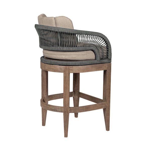 Armen Living Orbit Outdoor Patio 30in Bar Stool in Weathered Eucalyptus Wood with Gray Rope and Taupe Cushions - LCORBAEUCTP30