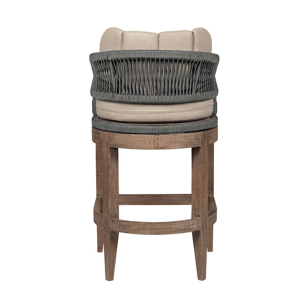 Armen Living Orbit Outdoor Patio 30in Bar Stool in Weathered Eucalyptus Wood with Gray Rope and Taupe Cushions - LCORBAEUCTP30