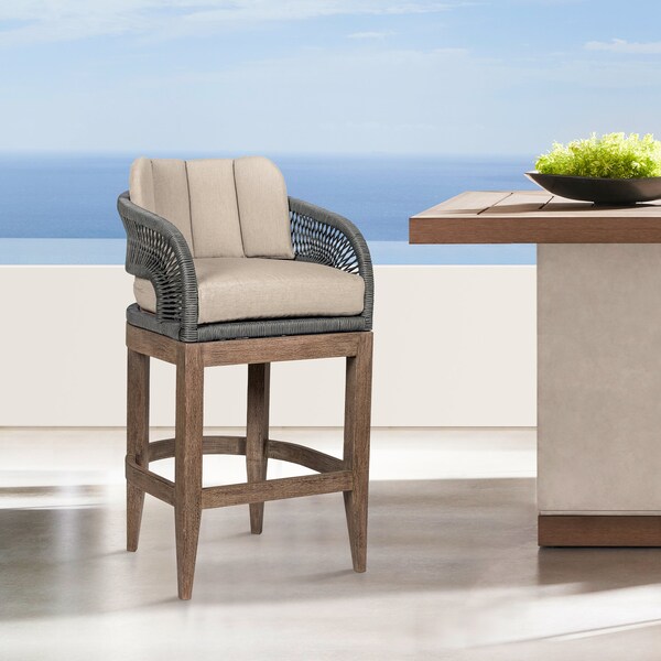 Armen Living Orbit Outdoor Patio 30in Bar Stool in Weathered Eucalyptus Wood with Gray Rope and Taupe Cushions - LCORBAEUCTP30