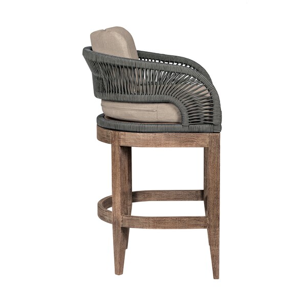 Armen Living Orbit Outdoor Patio 30in Bar Stool in Weathered Eucalyptus Wood with Gray Rope and Taupe Cushions - LCORBAEUCTP30
