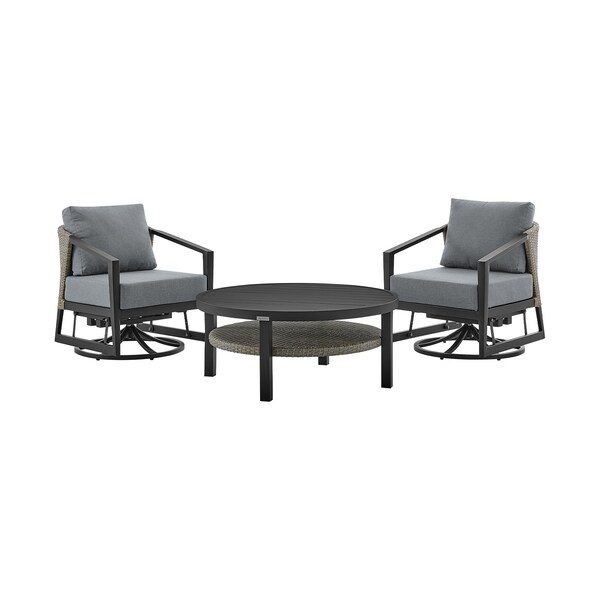 Armen Living Aileen 3 Piece Patio Outdoor Swivel Seating Set in Black Aluminum with Gray Wicker and Cushions - 840254332645