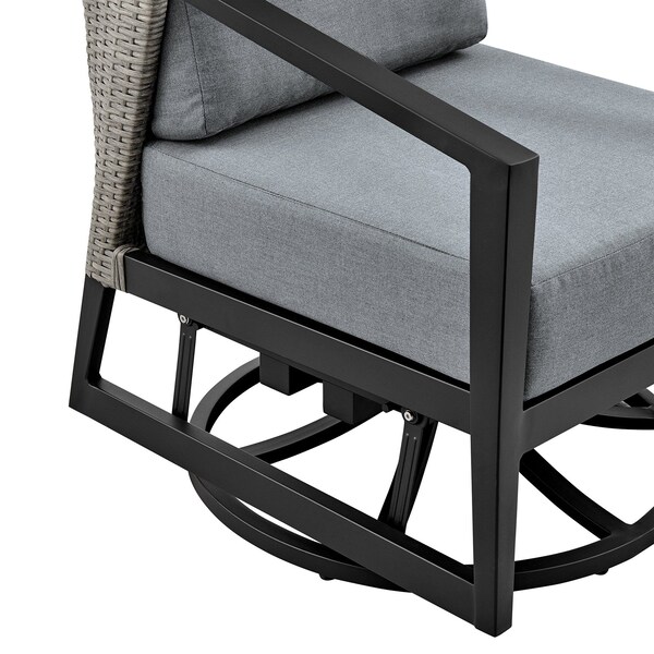 Armen Living Aileen 3 Piece Patio Outdoor Swivel Seating Set in Black Aluminum with Gray Wicker and Cushions - 840254332645