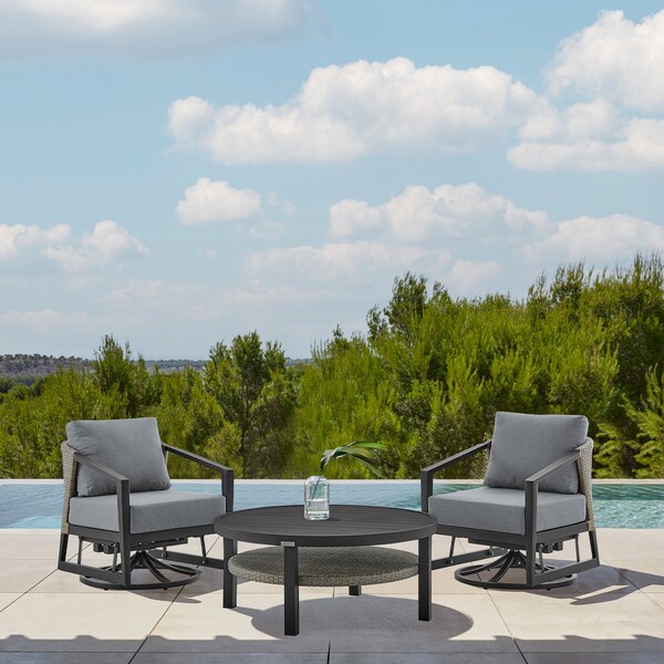 Armen Living Aileen 3 Piece Patio Outdoor Swivel Seating Set in Black Aluminum with Gray Wicker and Cushions - 840254332645
