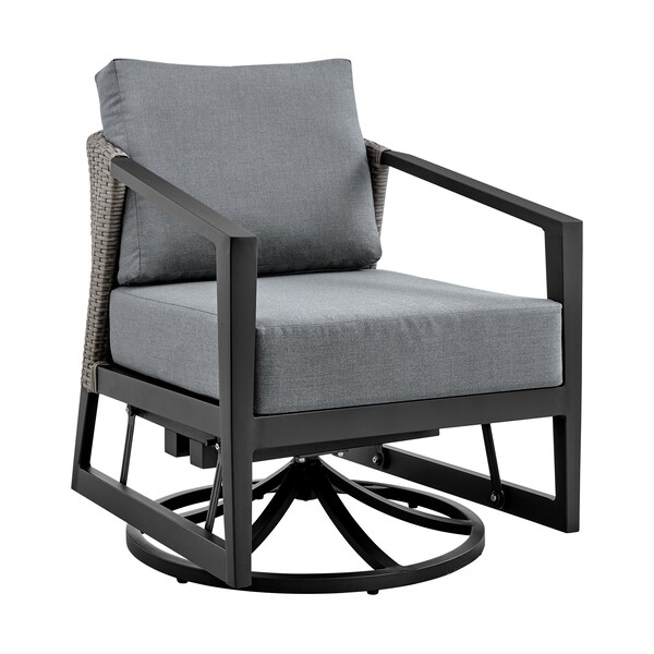 Armen Living Aileen 3 Piece Patio Outdoor Swivel Seating Set in Black Aluminum with Gray Wicker and Cushions - 840254332645