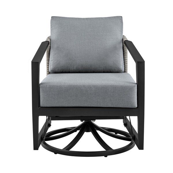 Armen Living Aileen 3 Piece Patio Outdoor Swivel Seating Set in Black Aluminum with Gray Wicker and Cushions - 840254332645