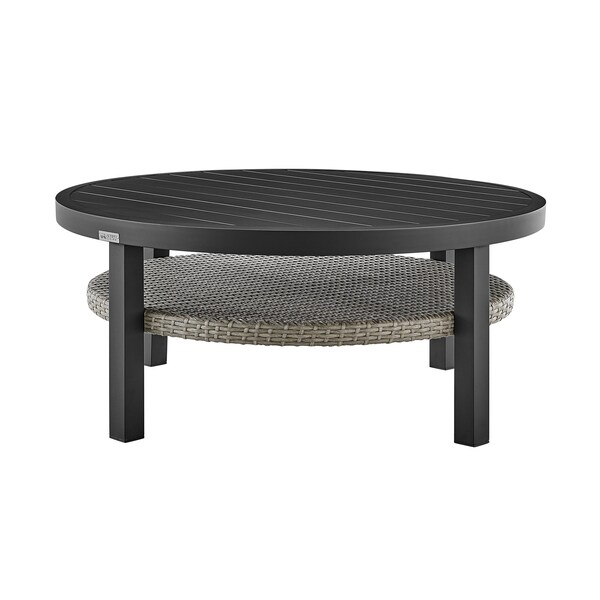 Armen Living Aileen 3 Piece Patio Outdoor Swivel Seating Set in Black Aluminum with Gray Wicker and Cushions - 840254332645