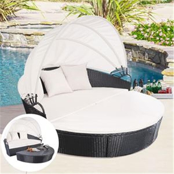 Convenience Concepts Outdoor Wicker Rattan Round Sofa Retractable Canopy Daybed - Black - HI3107722